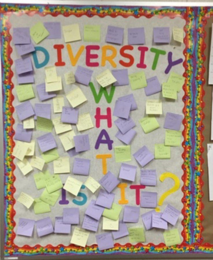 This bulletin board outside Mrs. Crenshaws allows students to share their thoughts on what diversity means at WJ.