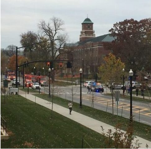 A picture of the blocked off crime scene, taken from the dorm room of OSU sophomore and Walsh Jesuit grad Carson Evans. 