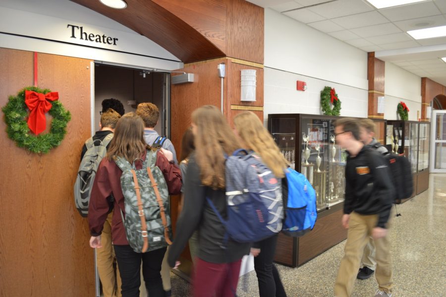 Students excitedly enter The Rev. Clem Metzger SJ Theatre at Walsh Jesuit to participate in the Shakesphere workshop. 