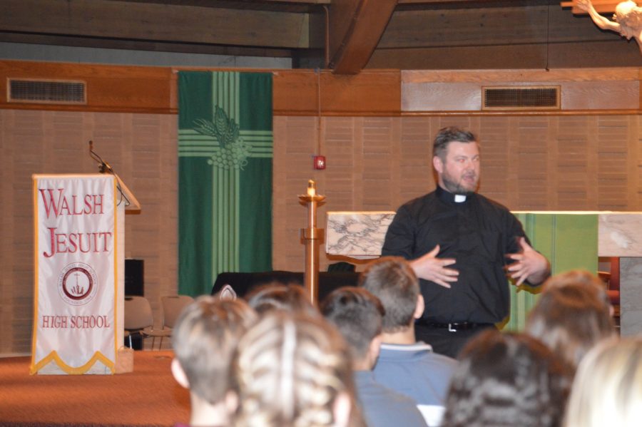 Mr. Arms shares his story and speaks about vocations to the religious life at a recent school assembly. 