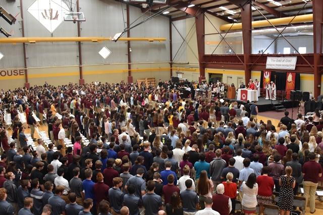 Over 1,200 students, staff, and faculty gather in the Ricco Field House to celebrate the annual Mass of the Holy Spirit.  They were joined by parents of seniors who were commissioned as Eucharistic Ministers. 