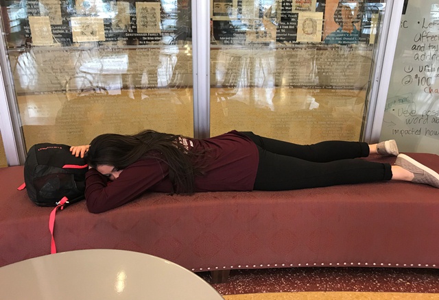 After an early start to the day, classes, and the many stresses of the day, senior Marisa DeSciscio stretches out to take a nap in the Rotunda. 