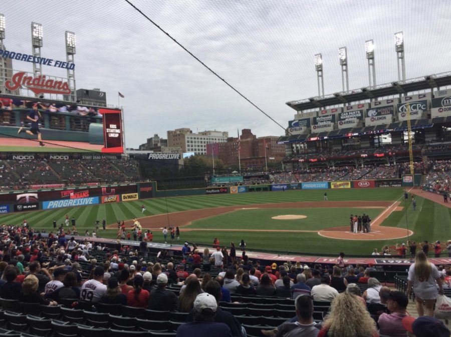Fans fill Progressive Field minutes before game time. 