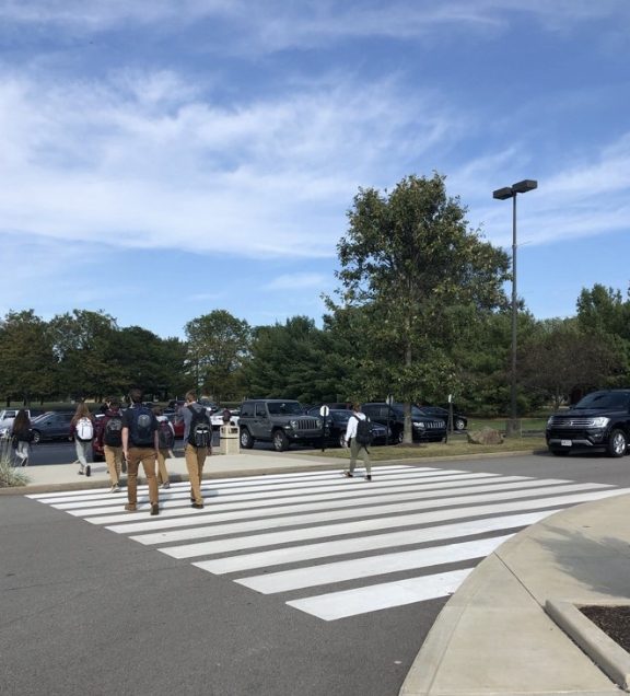 New crosswalks have been added to the parking lot and driveways to increase student safety.  