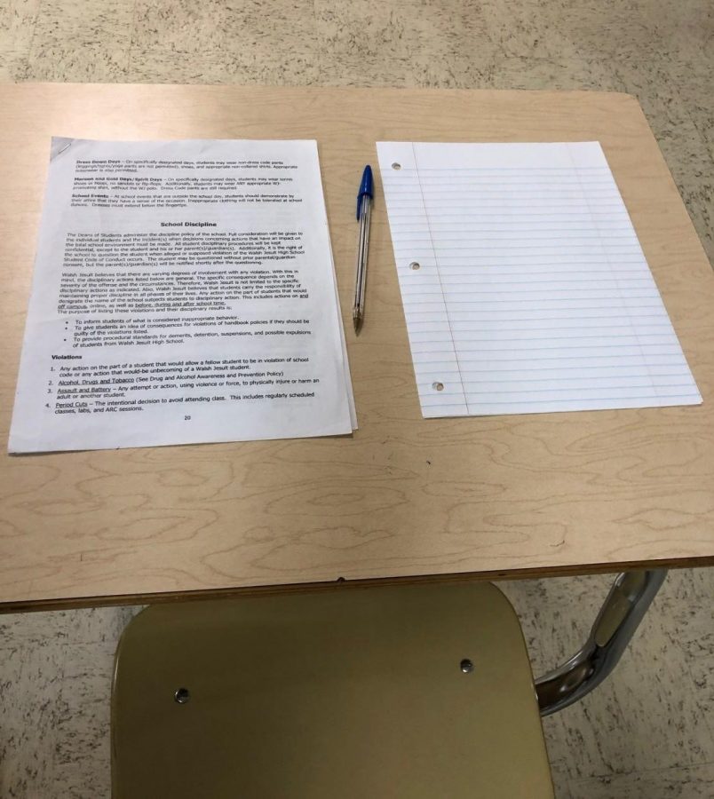 Students in detention are given one of these copies of the school discipline policy and asked to copy it during for the duration of the detention. 