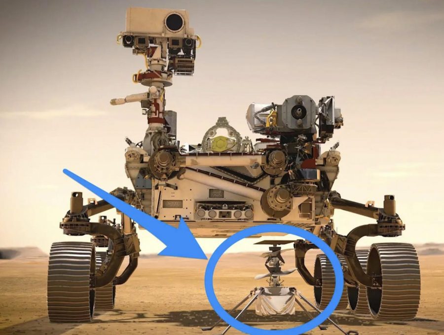 This illustration shows NASAs Perseverance rover and Ingenuity helicopter (circled) on the Martian surface.   