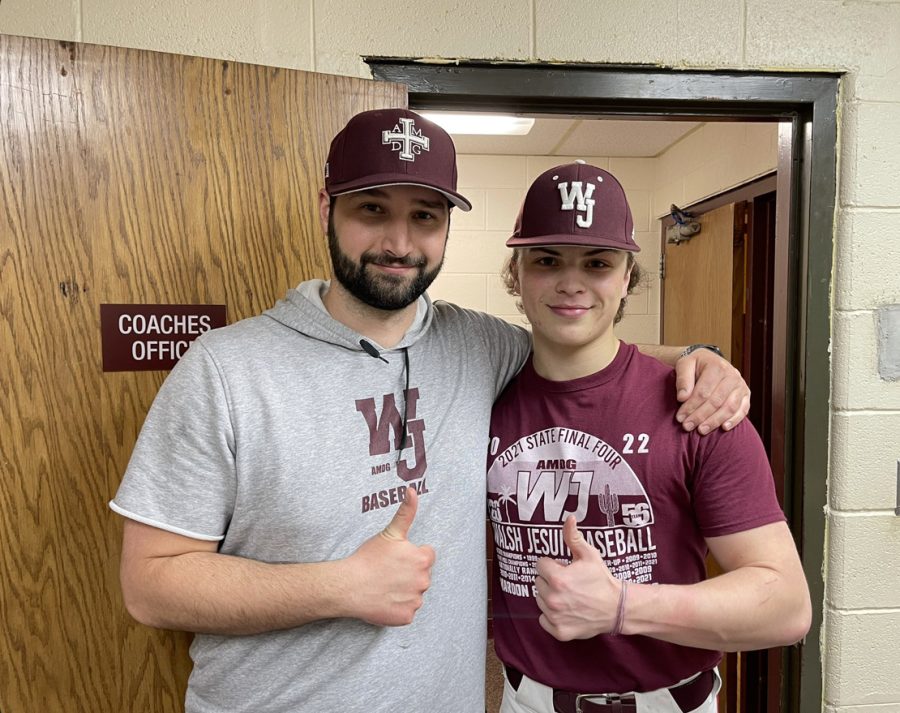 Coach Bowers takes the helm of WJs baseball program this season. Giving a thumbs up with senior Alex Covas, he is feeling optimistic about the season. 