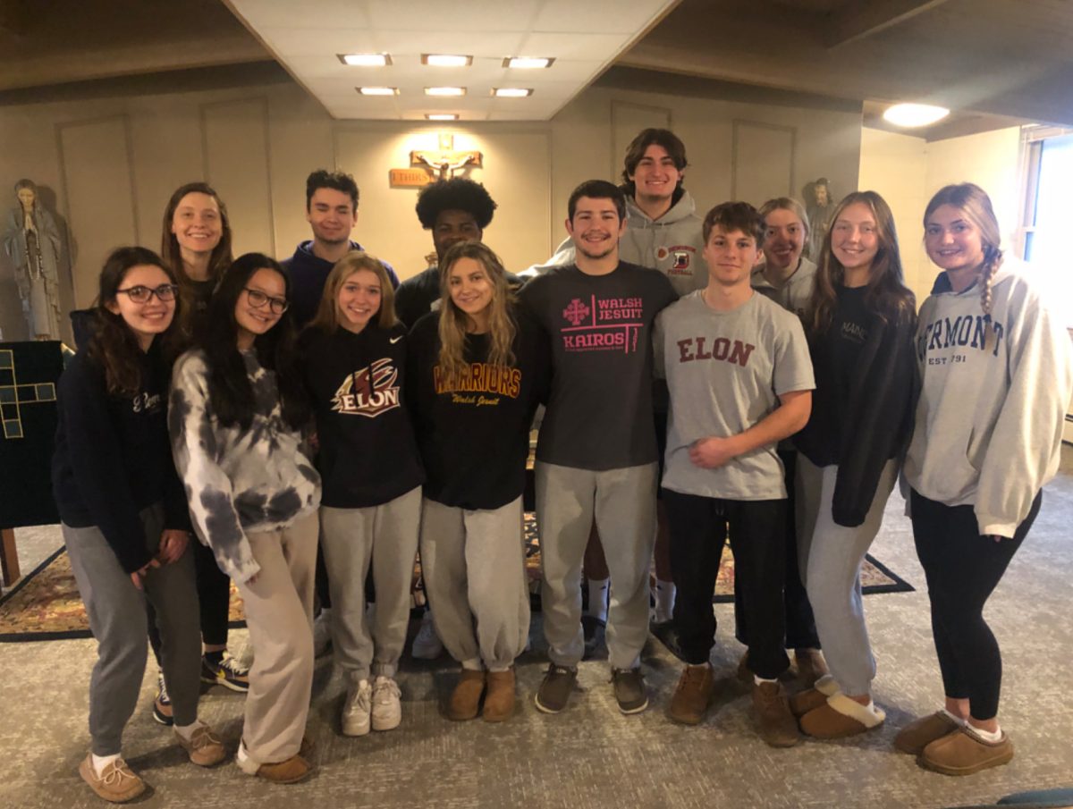 The retreatants celebrated with Mass after the end of their silence.
Front Row (left to right): Anna Solomon, Julia Arnold, Jordan Valahovic, Kaitlin Chiera, Trevor Dick, Carter Madden
Back Row (left to right): Ms Glowe, Jacob Schraibman, Andy Nelson, Zach Dillion, Madison Rogers, Catherine Clemens, Gabby Grdina
