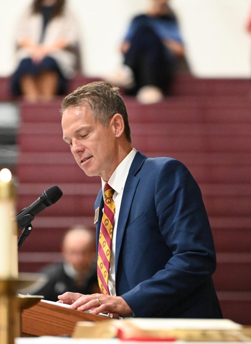 President Grady addresses the student body for the first time at the Mass of the Holy Spirit. 